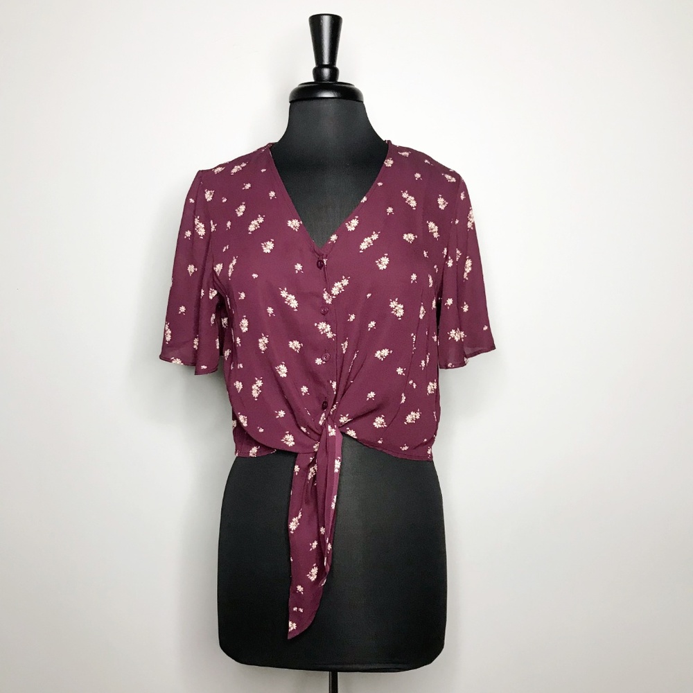 Boutique Floral Chiffon Button Down Crop Top